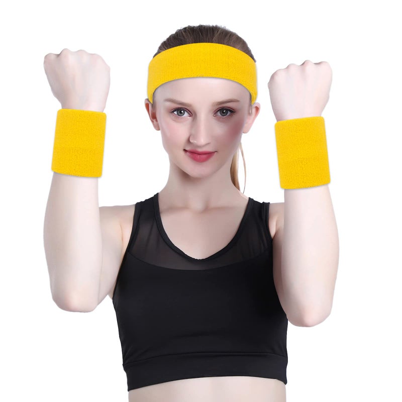 ONUPGO Yellow Sweatband Set Sports Headband Wrist Striped Sweatbands Terry Cloth Wristband Athletic Exercise Basketball Wrist Sweatband and Headbands Moisture Wicking Sweat Absorbing Head Band - Image 4